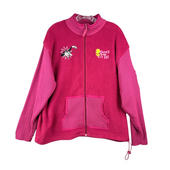 Looney Tunes Jackets & Blazers - Vintage Looney Tunes Sylvester Tweety Fleece Jacket Pink XL Mixed Media Zip Up